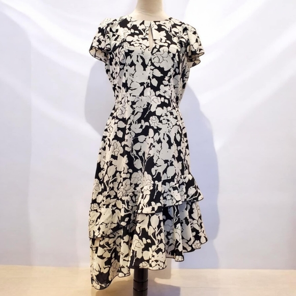 NWT SAM EDELMAN SZ 8 Black&White Floral Silhouette Asymmetrical Ruffle Hem Dress - Picture 2 of 14